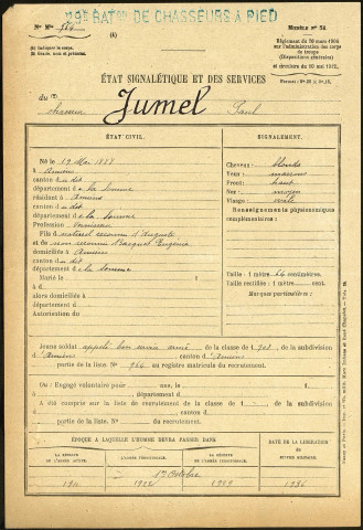 Jumel, Paul , né le 19 mai 1888 à Amiens (Somme), classe 1908, matricule n° 964, Bureau de recrutement d'Amiens