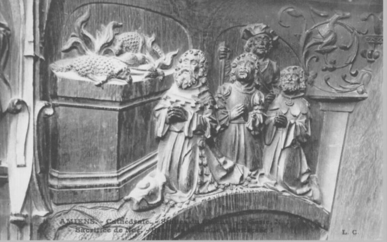 Cathédrale - Stalles du Choeur - 2e série, N° 1 - Sacrifice de Noé - Paroi de la stalle - Maîtresse 1