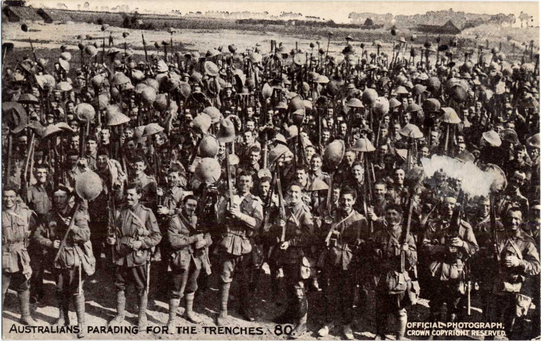 Australians parading for the trenches. These are the men who shortly after midnight of Sunday July 23rd. 1916, took Pozières by a splendidly dashing advance trough shrapnel, shell and machine-gun fire