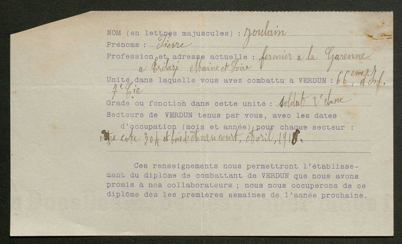 Témoignage de Joulain, Pierre et correspondance avec Jacques Péricard