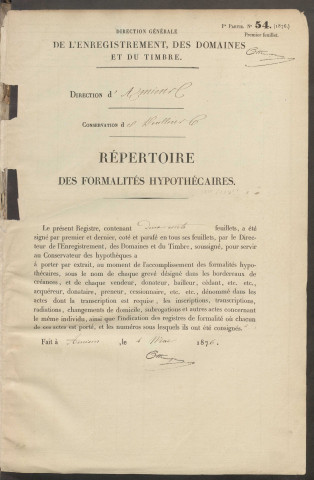 Répertoire des formalités hypothécaires, du 15/12/1876 au 30/05/1877, volume n° 134 (Conservation des hypothèques de Doullens)