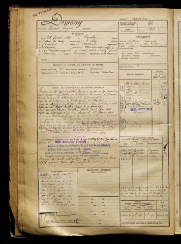 Demouy, Fernand Eugène, né le 28 février 1899 à Cuvilly (Oise), classe 1919, matricule n° 66, Bureau de recrutement de Péronne