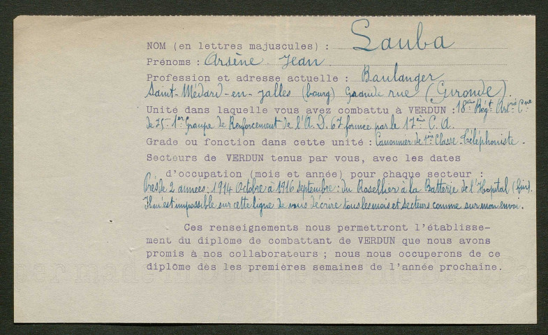 Témoignage de Lauba, Arsène Jean (Cannonier téléphoniste) et correspondance avec Jacques Péricard