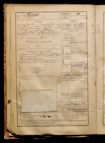 Humé, David, né le 19 octobre 1872 à Domart-sur-la-Luce (Somme), classe 1892, matricule n° 66, Bureau de recrutement de Péronne