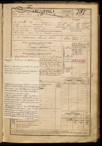 Bourgeois, Jean Louis, né le 16 juillet 1867 à Piedicroce (Corse), classe 1887, matricule n° 787, Bureau de recrutement d'Amiens