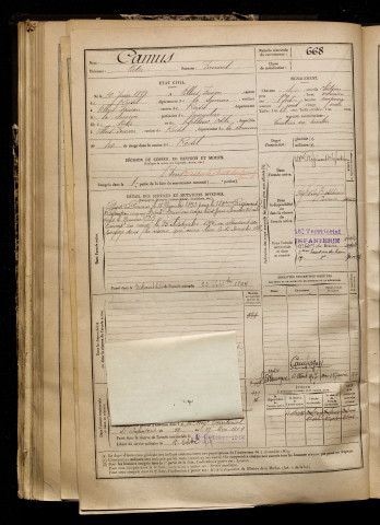 Camus, Victor, né le 10 juin 1872 à Villers-Faucon (Somme), classe 1892, matricule n° 668, Bureau de recrutement de Péronne