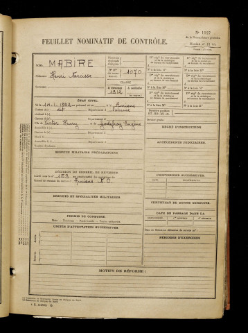 Mabire, Henri Narcisse, né le 14 janvier 1892 à Amiens (Somme), classe 1912, matricule n° 1070, Bureau de recrutement d'Amiens