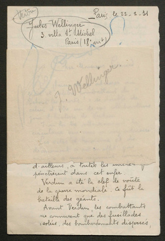 Témoignage de Wellinger, Jules et correspondance avec Jacques Péricard