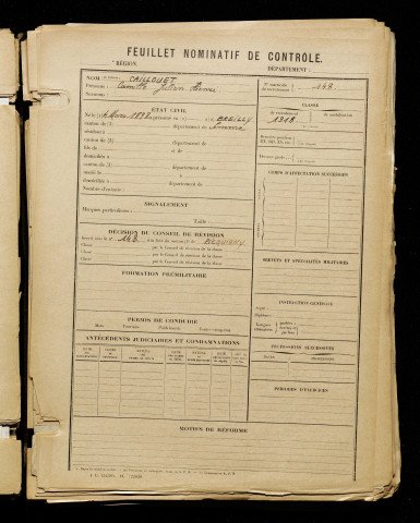 Caillouet, Camille Julien Henri, né le 04 mars 1898 à Breilly (Somme), classe 1918, matricule n° 148, Bureau de recrutement d'Amiens