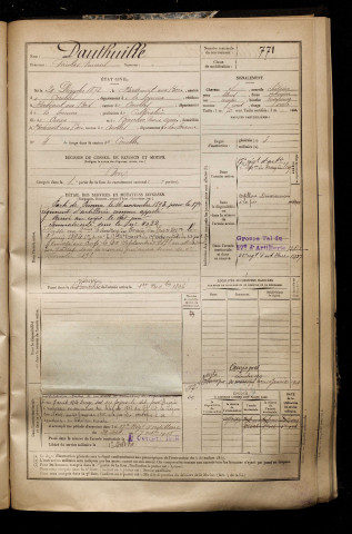 Dauthuille, Nicolas Vincent, né le 29 décembre 1872 à Hardecourt-aux-Bois (Somme), classe 1892, matricule n° 771, Bureau de recrutement de Péronne