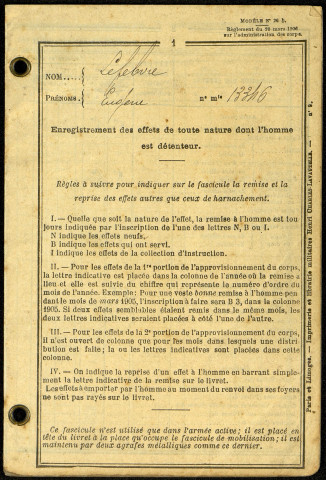 Carnet d'enregistrement des effets militaires d'Eugène Albert Lefebvre