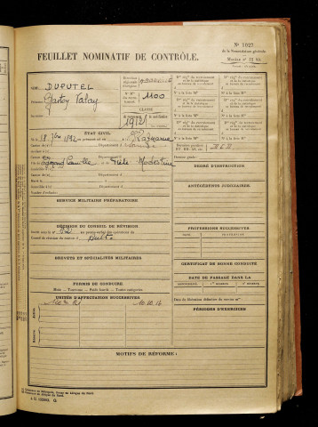 Duputel, Gaston Valery, né le 18 septembre 1892 à Woignarue (Somme), classe 1912, matricule n° 1100, Bureau de recrutement d'Abbeville