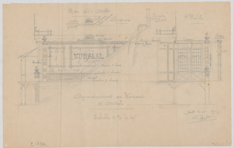 Projet d'agrandissement du Kursaal d'Onival. Plan en élévation et de profil du mur côté Ault. Détail des inscriptions peintes