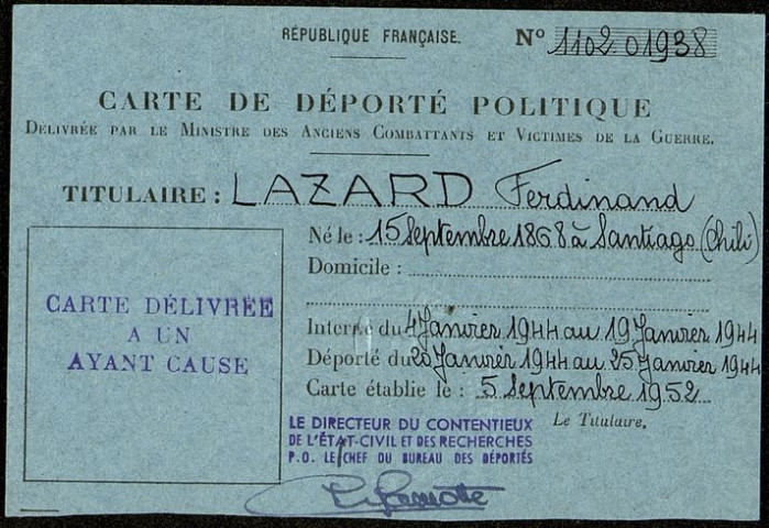 Demande de carte au titre de déporté politique formulée par Simonne Lazard en qualité de descendant de Ferdinand Lazard