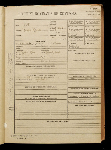 Vue, Georges Hypolite, né le 01 novembre 1893 à Piennes-Onvillers (Somme), classe 1913, matricule n° 1029, Bureau de recrutement de Péronne