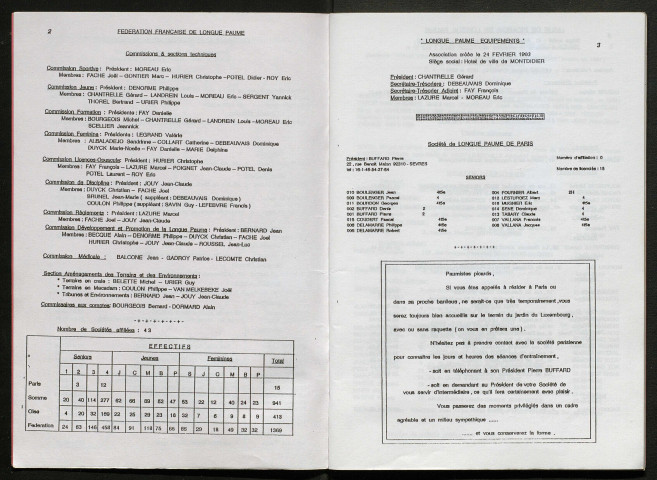 Opuscule (année 1993). Fédération française de Longue Paume : liste des sociétés, classement des joueurs et calendrier