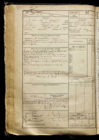 Hue, Abel Gontran, né le 27 février 1896 à Ignaucourt (Somme), classe 1916, matricule n° 96, Bureau de recrutement de Péronne