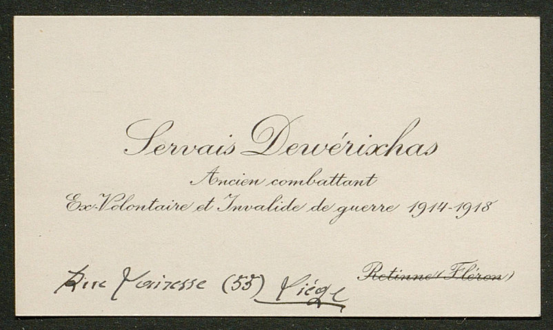 Témoignage de Dewerixas, Servais (Caporal) et correspondance avec Jacques Péricard