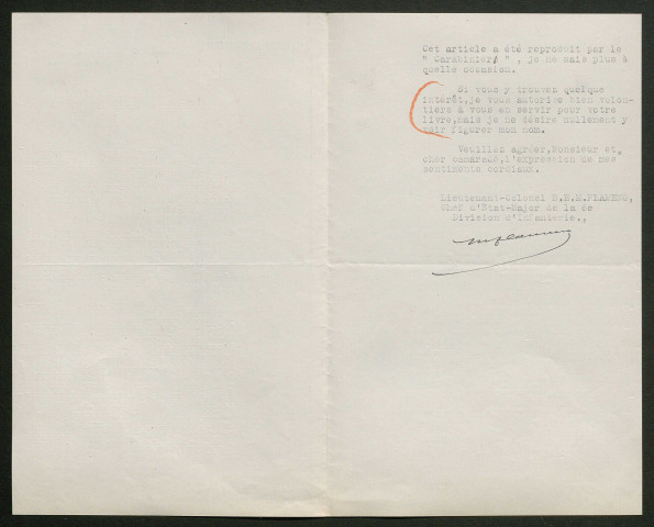 Témoignage de Flameng (Lieutenant colonel) et correspondance avec Jacques Péricard