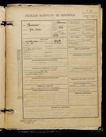 Fournier, Jules Adrien, né le 29 octobre 1882 à Combles (Somme), classe 1902, matricule n° 306, Bureau de recrutement de Péronne