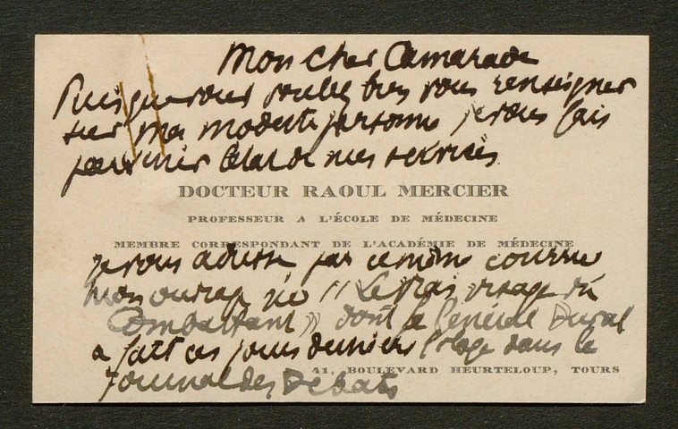 Témoignage de Mercier, Raoul (Docteur - Médecin major) et correspondance avec Jacques Péricard