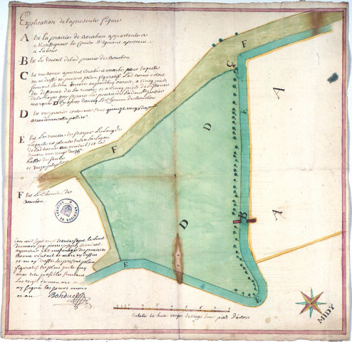 Plan de bornage la prairie de Mademoiselle Pottier et de la Prairie de Bourdon appartenant au Comte d'Egmont séparées par une rivière bordée d'une haie, la rivière de Scarpe et le chemin de Bourbon