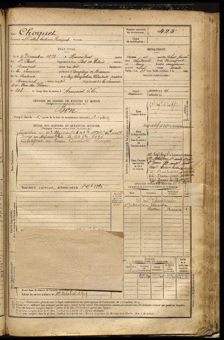 Choquet, Nicolas Antime François, né le 06 décembre 1872 à Humières (Pas-de-Calais), classe 1892, matricule n° 425, Bureau de recrutement d'Amiens