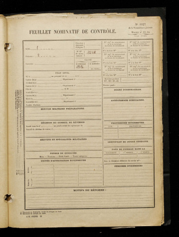 Inconnu, classe 1916, matricule n° 1548, Bureau de recrutement d'Amiens