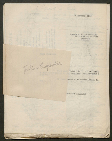 Témoignage de Carpentier, Julien et correspondance avec Jacques Péricard