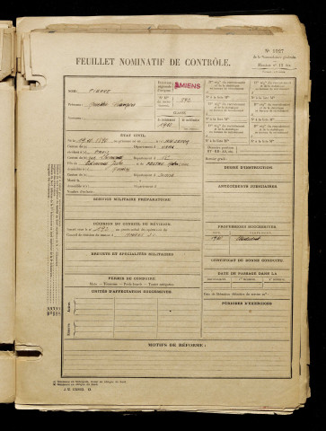 Pierre, Amédée François, né le 19 octobre 1890 à Aïn Sefra (Algérie), classe 1910, matricule n° 892, Bureau de recrutement d'Amiens