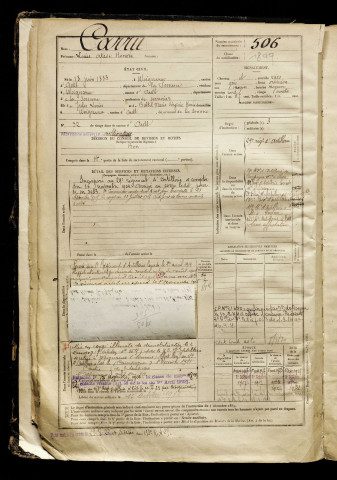 Carru, Louis Octave Honoré, né le 18 juin 1883 à Woignarue (Somme), classe 1903, matricule n° 506, Bureau de recrutement d'Abbeville