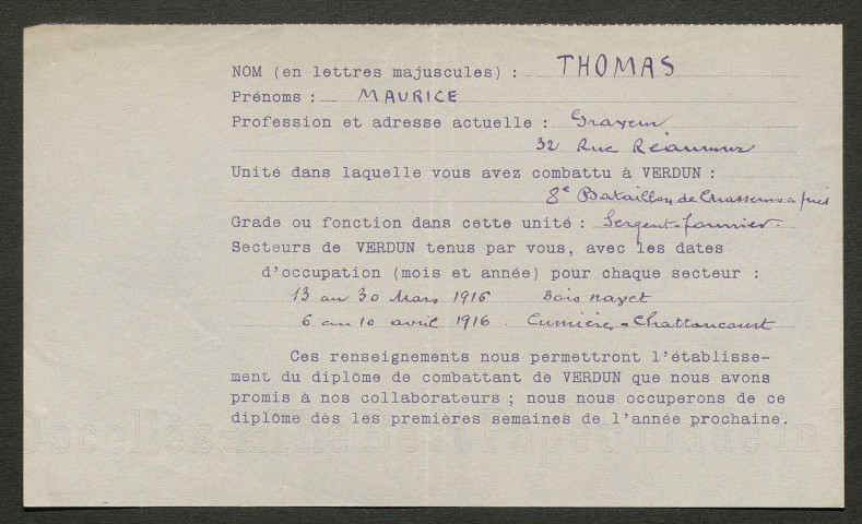 Témoignage de Thomas, Maurice (Sergent fourrier) et correspondance avec Jacques Péricard