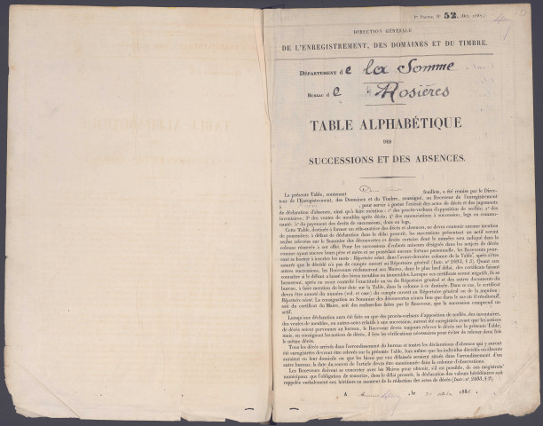 Table des successions et absences du bureau de Rosières-en-Santerre