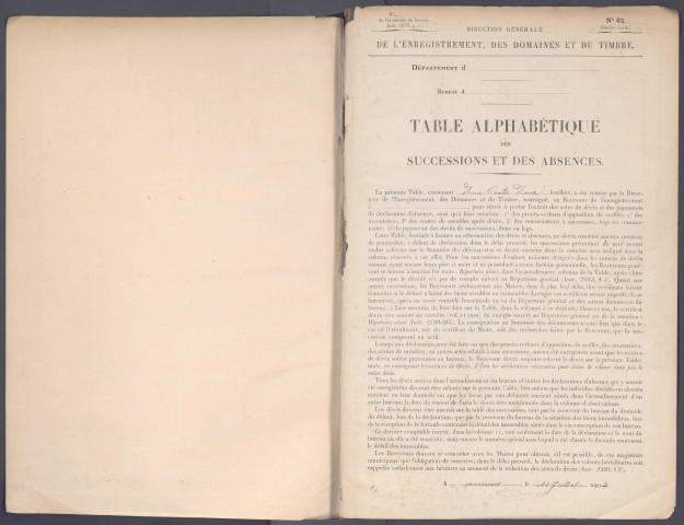 Table des successions et absences du bureau d'Amiens