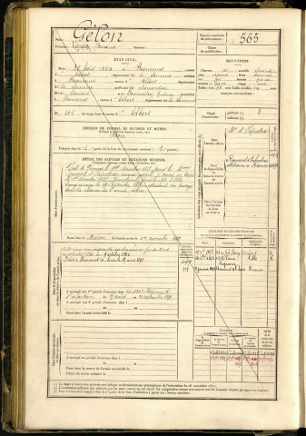 Gélon, Léopold Fernand, né le 30 août 1864 à Beaucourt-sur-l'Ancre (Somme, France), classe 1884, matricule n° 565, Bureau de recrutement de Péronne