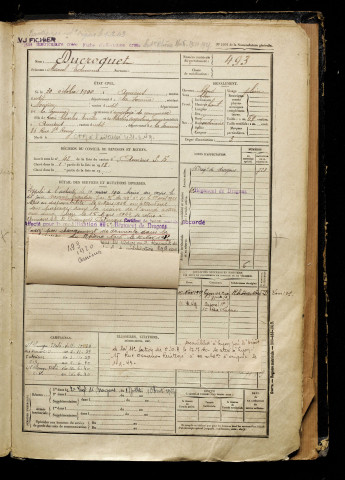 Ducroquet, Marcel Edmond, né le 30 octobre 1900 à Amiens (Somme), classe 1920, matricule n° 493, Bureau de recrutement d'Amiens
