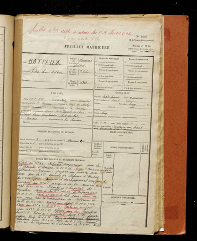 Batteux, Jules Louis Arthur, né le 12 août 1892 à Pont-de-Metz (Somme), classe 1912, matricule n° 721, Bureau de recrutement d'Amiens