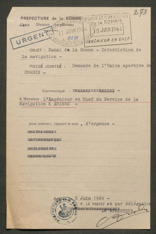 Demande de l'Union Sportive de Corbie « section natation » pour l'organisation d'une fête nautique et de manifestations sportives sur le Canal de la Somme le 14 juillet 1964