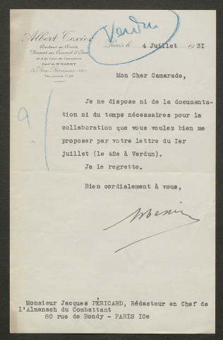 Témoignage de Texier, Albert (Sous-lieutenant) et correspondance avec Jacques Péricard