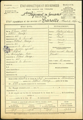 Carette, Théophile Alfred Léopold, né le 18 juin 1897 à Villers-Bocage (Somme), classe 1917, matricule n° 289, Bureau de recrutement d'Amiens