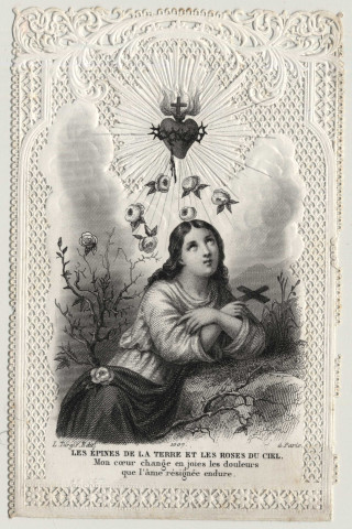 Image pieuse dentelle. Les épines de la terre et les roses du ciel. Mon coeur change en joies les douleurs que l'âme résignée endure. Le Sacré Coeur de Jésus