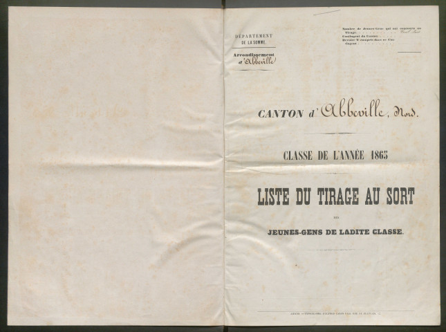 Tirage au sort (arrondissement d'Abbeville) de l'année 1865