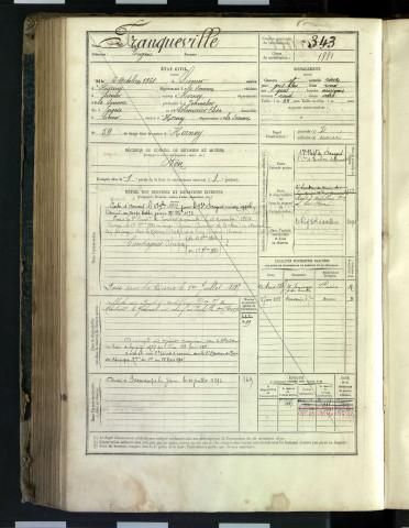 Franqueville, Eugène, né le 06 octobre 1861 à Liomer (Somme, France), classe 1881, matricule n° 343, Bureau de recrutement d'Amiens