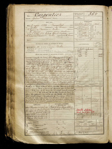 Carpentier, Gabriel Léonard, né le 02 mars 1899 à Franvillers (Somme), classe 1919, matricule n° 364, Bureau de recrutement d'Amiens