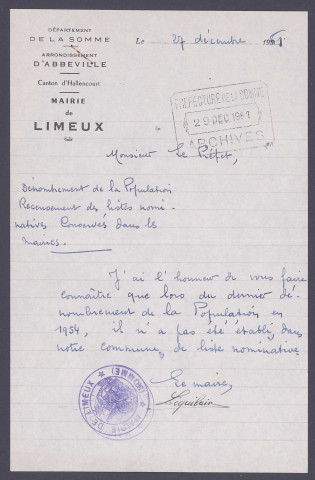 Recensement de la population 1954 : Limeux