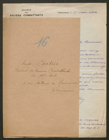 Témoignage de Carlier, Emile (Artilleur) et correspondance avec Jacques Péricard