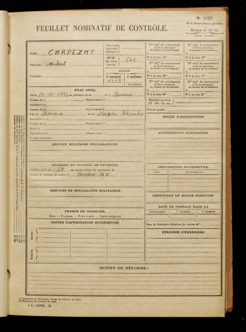 Carpezat, Norbert, né le 26 octobre 1893 à Amiens (Somme), classe 1913, matricule n° 546, Bureau de recrutement d'Amiens