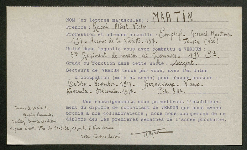 Témoignage de Martin, Raoul (Sergent) et correspondance avec Jacques Péricard