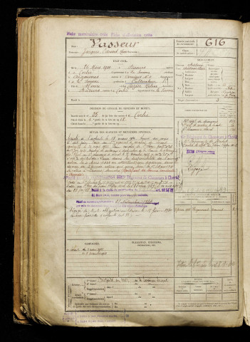 Vasseur, Jacques Edouard Henri, né le 26 mars 1900 à Daours (Somme), classe 1920, matricule n° 616, Bureau de recrutement d'Amiens