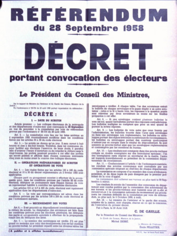 Référendum du 28 septembre 1958 - Décret portant convocation des électeurs